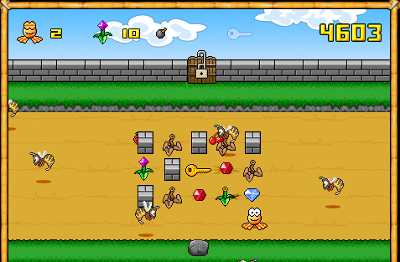 The diamonds to collect in the retro game Bambuzza and the gate to the next level at the top of the screen, plus bees and the golden key to unlock the gate